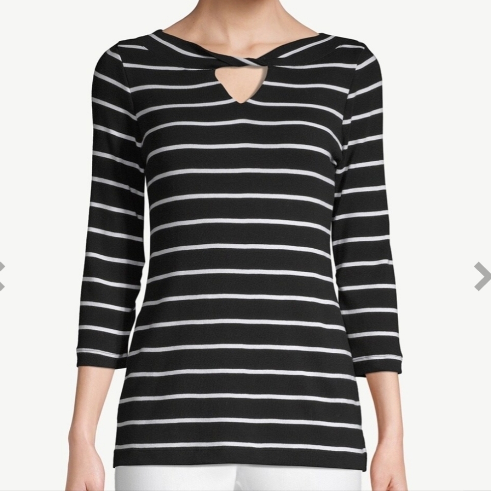 NWOT Chico's Convertible Striped Supima cotton Twist neck Tee 3/4 sleeve sz L